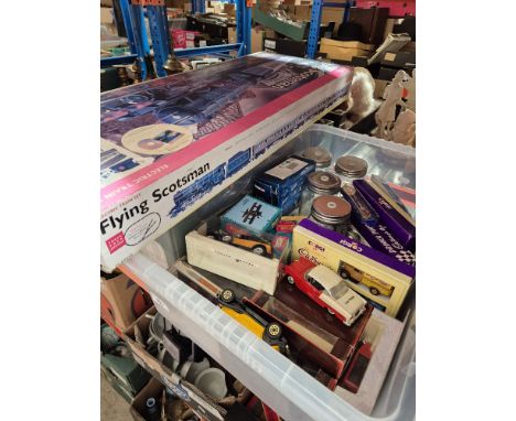 A Hornby 00 Flying Scotsman train set, boxed, together with a box of model cars, storage jars etc