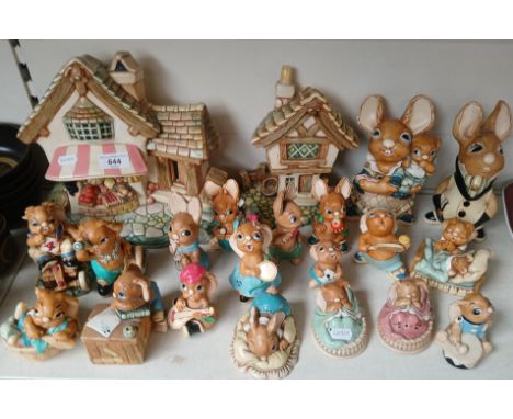 Pendelfin - Fruit Shop and Cobble Cotttage buildings, 2 large figurines Uncle Soames and Mother &amp; Baby together with 17 f
