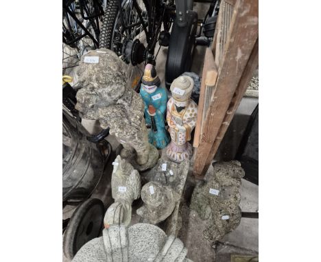 Eight garden ornaments including stoneware statues, bust of Beethoven &amp; Eastern figures together with a set of wooden ste