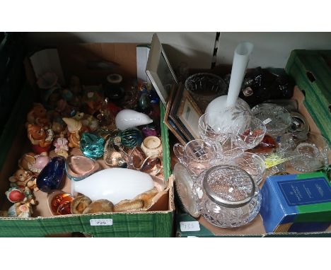 Two boxes comprising mainly art glass, glass paperweights, Pendelfin figures etc.
