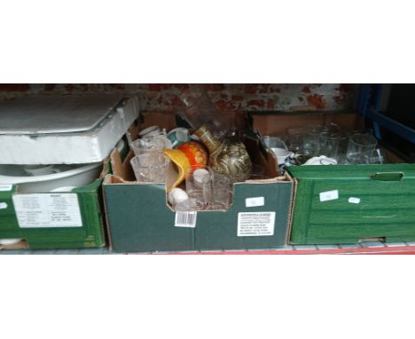 Three boxes of glass and pottery, Doulton figurine, Wedgewood Beatrix  Potter pottery, glass chess board with shot glasses fo