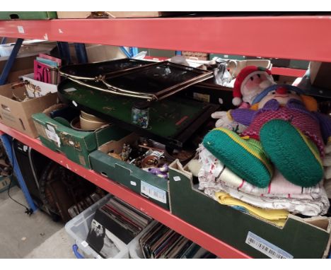 Four boxes of mixed items including Pin Football Bagatelle board, cutlery, treen, soft toys, fire screen, music books, brassw