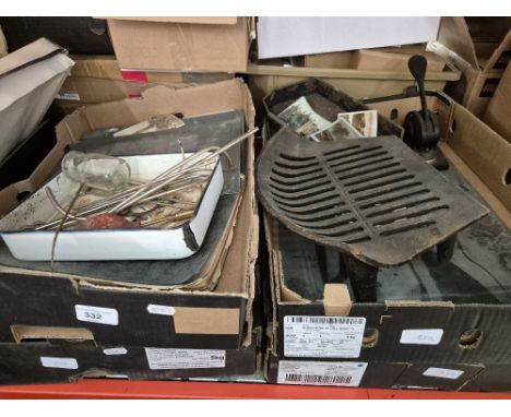 4 boxes of assorted metalware to include lithograph plates and a fire grate etc.
