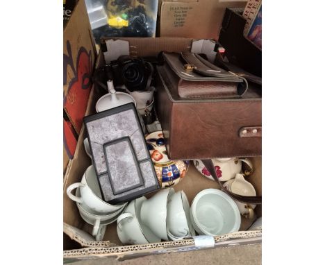 A mixed box of ceramics and cameras including Polaroid Land camera SX 70 model 2