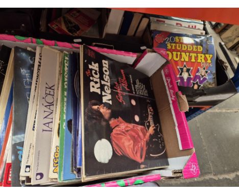 Two boxes of vinyl LP records, country, rock, pop, jazz, classical including Eddie Cocoran, Buddy Holly, Diana &amp; Marvin, 