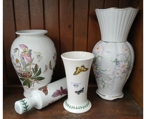Portmeirion - Rolling pin (Mexican Lily design), large vase approx 25.5cm high (Christmas Rose), 19cm high vase (Garden Lilac