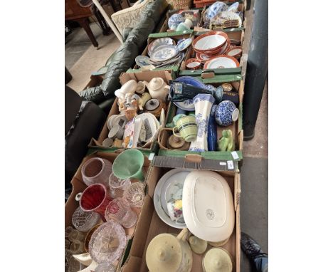 Eight boxes of china and glass including blue and white, oriental tea wares, vases, bowls, tea pots, Eichwald, some plated cu