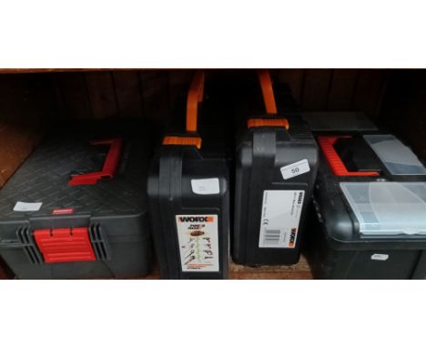 A Worx "Chopper", a Worx 20volt Cordless Jigsaw, (no battery but has a charger unit, a Tacklife Corded impact Drill in a case