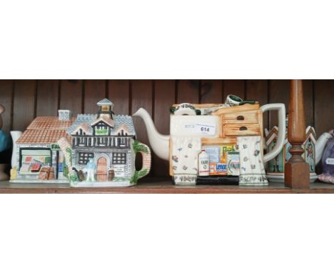 Five novelty tea pots; Portmeirion sink, The Village Farm Shop, Bell Golf Club, Mrs Rabbit &amp; the Duke of Wellington.
