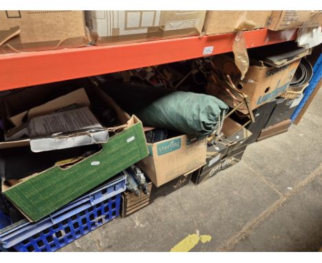 8 boxes of miscellaneous items including metal wine rack, tent, leather wallets, camera tripod, computer accessories, 78rpm r