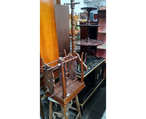 A mixed lot of furniture comprising a Chinese lacquered cabinet, whatnot, coat stand, sewing table, stool etc.