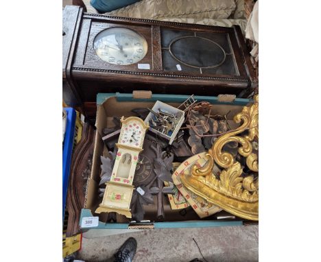 4 wall clocks and a box of clocks including a cuckoo clock, box of clock keys etc