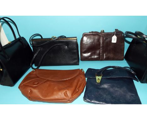 A brown faux crocodile handbag, retailed by Mappin & Webb Ltd, and five other vintage bags (6)