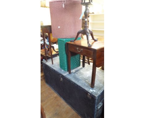 A large wooden trunk, 151 cm wide, a four fold screen, painted flowers, three tables and two Lloyd Loom style laundry baskets
