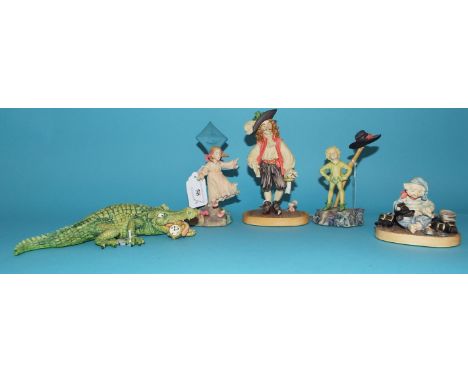 Five Border Fine Arts Peter Pan figures, Peter Pan, PP1 (chipped), Wendy, PP2, Captain Hook, PP4 (sword a.f.), Smee, PP5, and