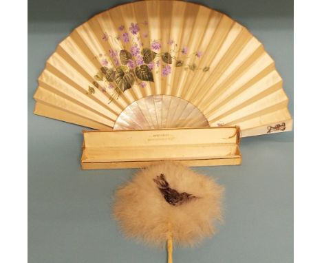A mother of pearl and silk fan, initialled, with painted decoration, in a Duvelleroy box, and another fan (box) (2)
