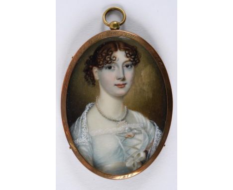 An oval bust portrait miniature, of a lady wearing pearls, 7.5 x 5.5 cm, in a later frame  See illustration