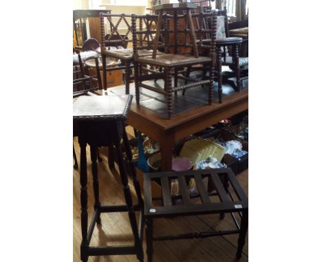 A luggage stand, a jardiniere stand, a pair of bobbin turned corner chairs, a child's rocking chair, and other items (10)