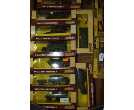 Assorted Solido military vehicles, including Kaiser Jeep, 6029, half track M3244, AMX13V.C.1, 6062, and others similar, all b