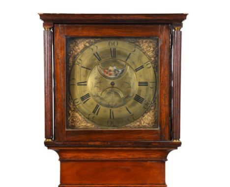 A longcase clock, the 30 cm square brass dial signed J STANCLIFFE, BARKISLAND, with Roman numerals, face of the moon/calendar