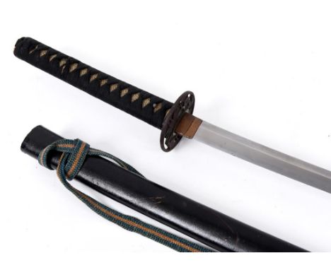 A Japanese katana, with a pierced iron tsuba, cord bound fishskin grip, and lacquered scabbard, 98.5 cm long (overall)  See i