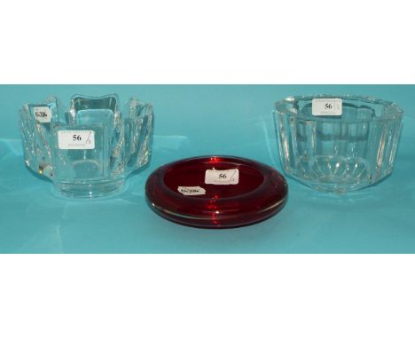 An Orrefors commemorative glass bowl, 14.5 cm wide, boxed, another Orrefors bowl, and a Whitefriars bowl (3)