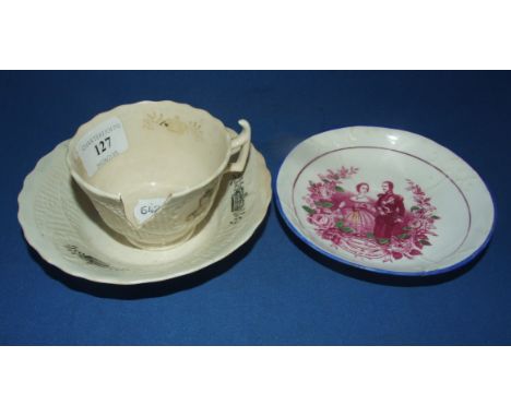 An early 19th century commemorative cup and saucer, Long Live Queen Caroline, two others, Victoria & Albert and To The Memory