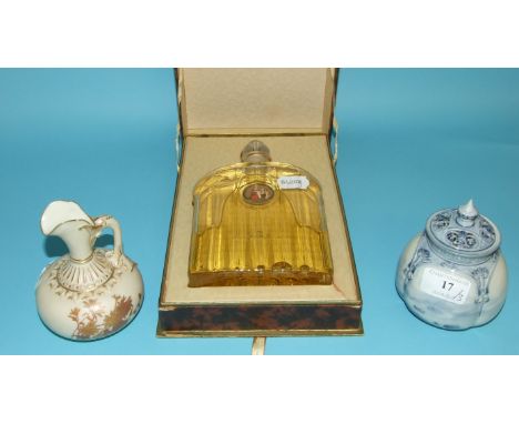 A Yardley Old English Lavender glass scent bottle, 22 cm high, boxed and with packaging, a Royal Worcester jug, 1136, and a R