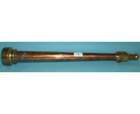 A Shand Mason brass and copper fire branch pipe and nozzle, crossed axe motif and stamped, 60 cm
