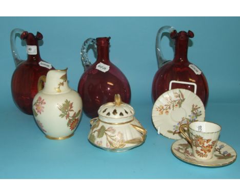 Three cranberry and clear glass jugs, a Royal Worcester jug, and similar items (slight damage) (6)