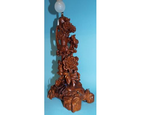 A Black Forest carved lamp base, decorated pheasants amongst flowers and foliage, 35 cm high (excluding fitment)