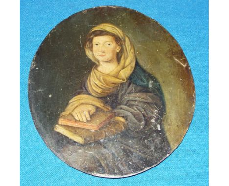An 18th century Continental oval portrait miniature, of a seated lady with books, on tin, 11.5 x 10 cm (unframed)