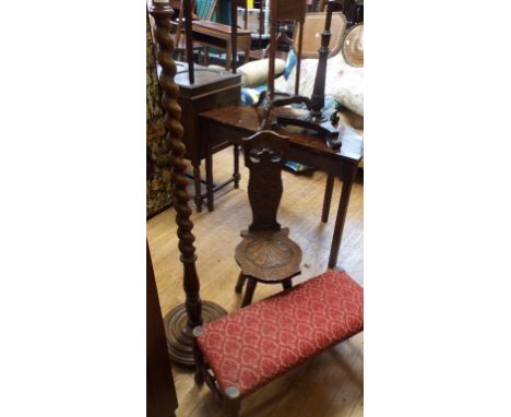 A spinning chair, an oak standard lamp, three stools, and two oval tables (7)