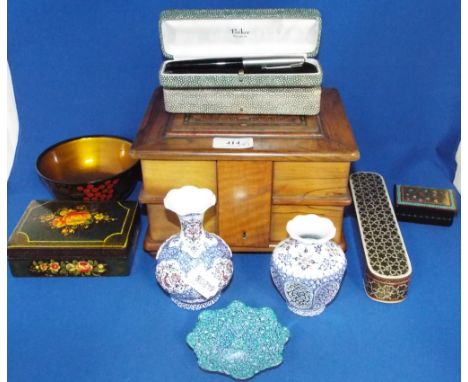 Two enamel vases, assorted miniatures, a Russian papier maché box and other items (box)
