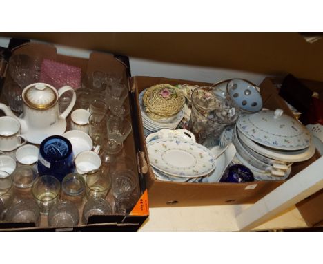 A Royal Worcester Ribbons & Bows pattern part dinner service, other ceramics and glass (3 boxes)
