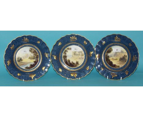 A Royal Worcester rimmed bowl, the centre painted a landscape, Montgemery, signed C Johnson, 21 cm diameter, and two others C