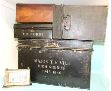 A tin trunk, Major T H Vile, High Sheriff, 1945-46, 60 cm wide, a silver mounted desk calendar, initialled T H V, inscribed O