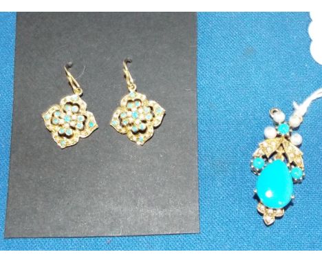 A 9ct gold, turquoise and seed pearl pendant and matching earrings