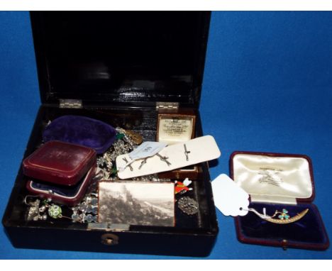 A yellow coloured metal, turquoise and seed pearl crescent brooch, and other jewellery