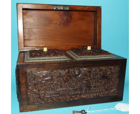A tea caddy, with carved decoration, 23.5 cm wide