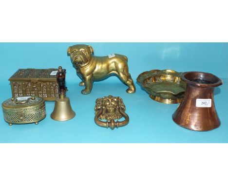 A Gothic style brass box, 16 cm wide, a brass door knocker, in the form of a lion mask and other metalwares (box)