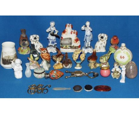 A Royal Worcester sparrow, other birds, a Goss Crystal Palace jug, and other items