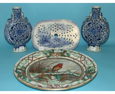 A pair of Chinese porcelain moon flasks, (drilled) 26 cm high, a Victorian pottery plate, A Happy Christmas To You, 37.5 cm d