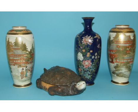A pair of Japanese Satsuma vases, 21 cm high, a cloisonné vase, and a box and cover in the form of a tortoise (4) Condition r