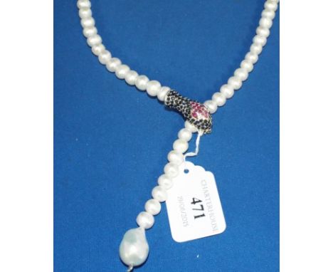 A pearl necklace, with silver, sapphire and ruby clasp, in the form of a snake
