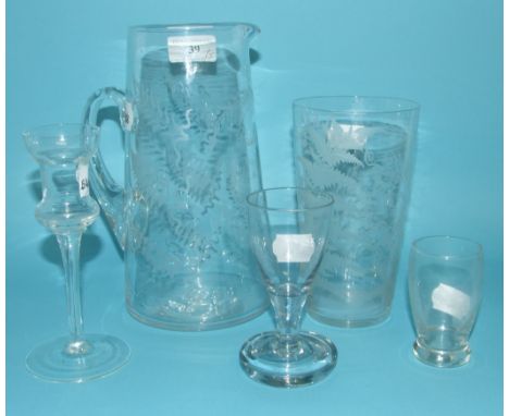 An etched glass beaker, dated Nov 1891, 15.5 cm high, a similar jug, and three drinking glasses (5) Condition report Report b