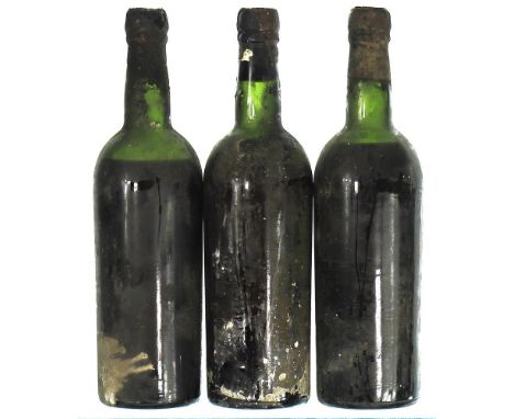 1955 Taylor's, Vintage Port3x75cl Levels 1 TS, 1 HS, 1 LS, labels missing, embossed capsules, 1 damaged, signs of old seepage