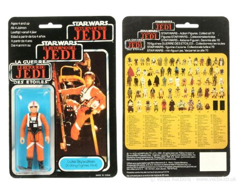 Palitoy Star Wars Return of the Jedi Tri-Logo vintage X-Wing Pilot 3 3/4" figure, Mint, within Good (dented) bubble, upon Exc
