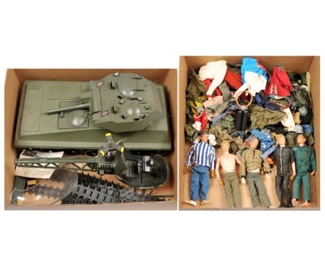 Quantity of Palitoy vintage Action Man loose figures x five, vehicles x two, clothing, weapons and accessories, vehicles incl