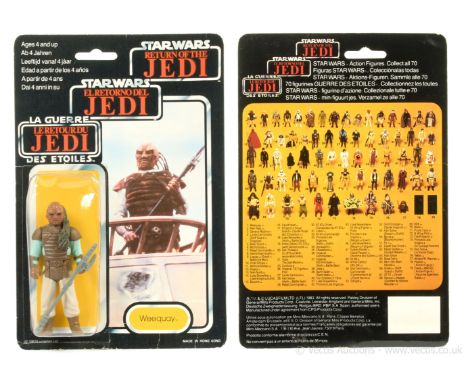 Palitoy Star Wars Return of the Jedi Tri-Logo vintage Weequay 3 3/4" figure, Mint, within Good (dented) bubble, upon Good (cr